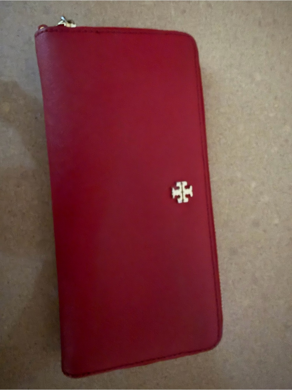 Tory Burch Deep Red Zip-Around Continental Wallet with Gold Logo